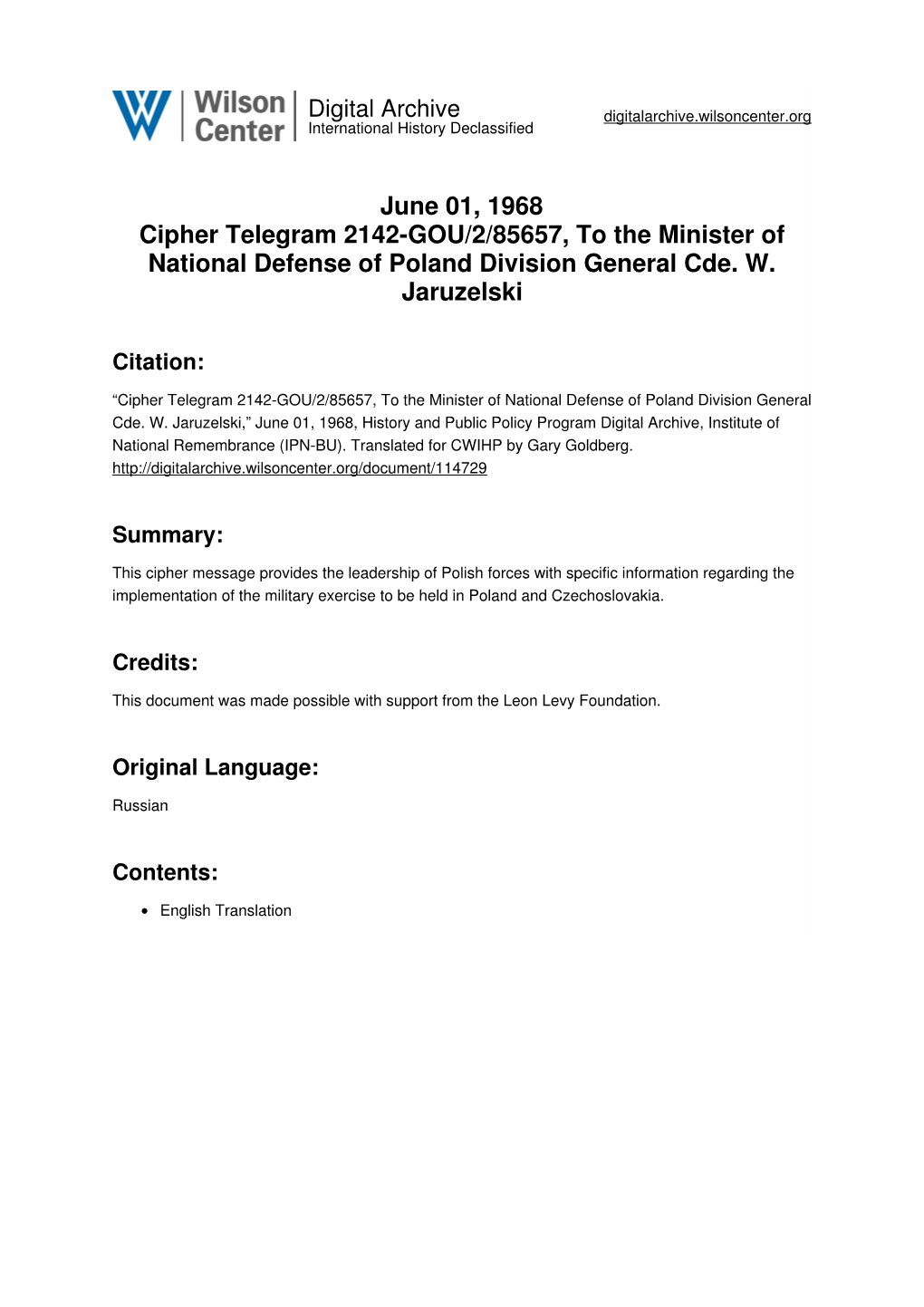 June 01, 1968 Cipher Telegram 2142-GOU/2/85657, to the Minister of National Defense of Poland Division General Cde