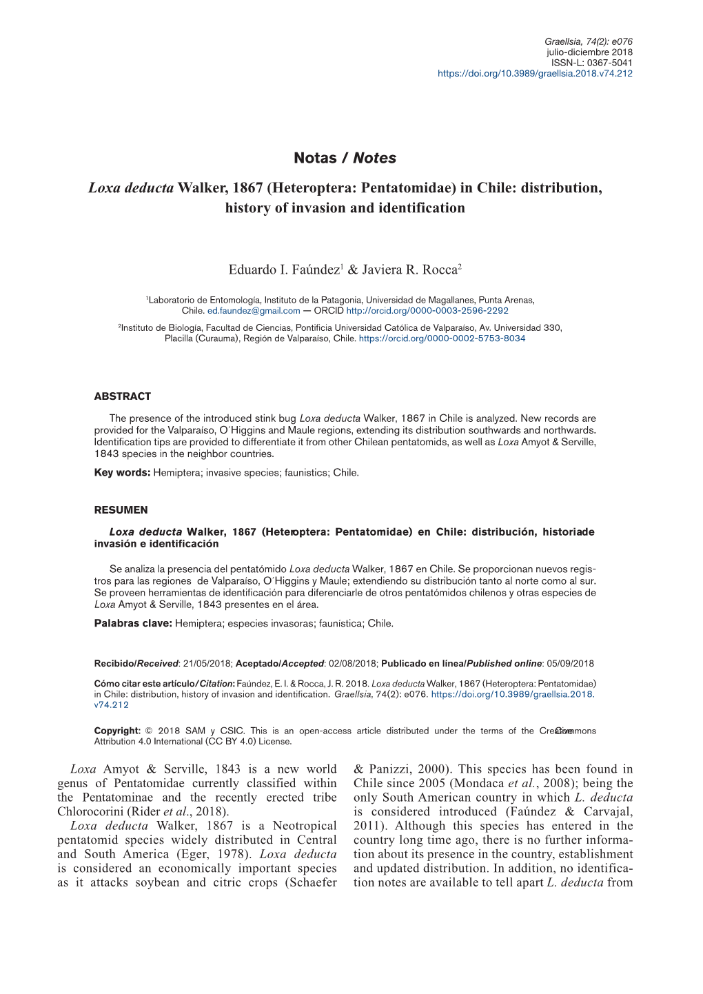 Loxa Deducta Walker, 1867 (Heteroptera: Pentatomidae) in Chile: Distribution, History of Invasion and Identification