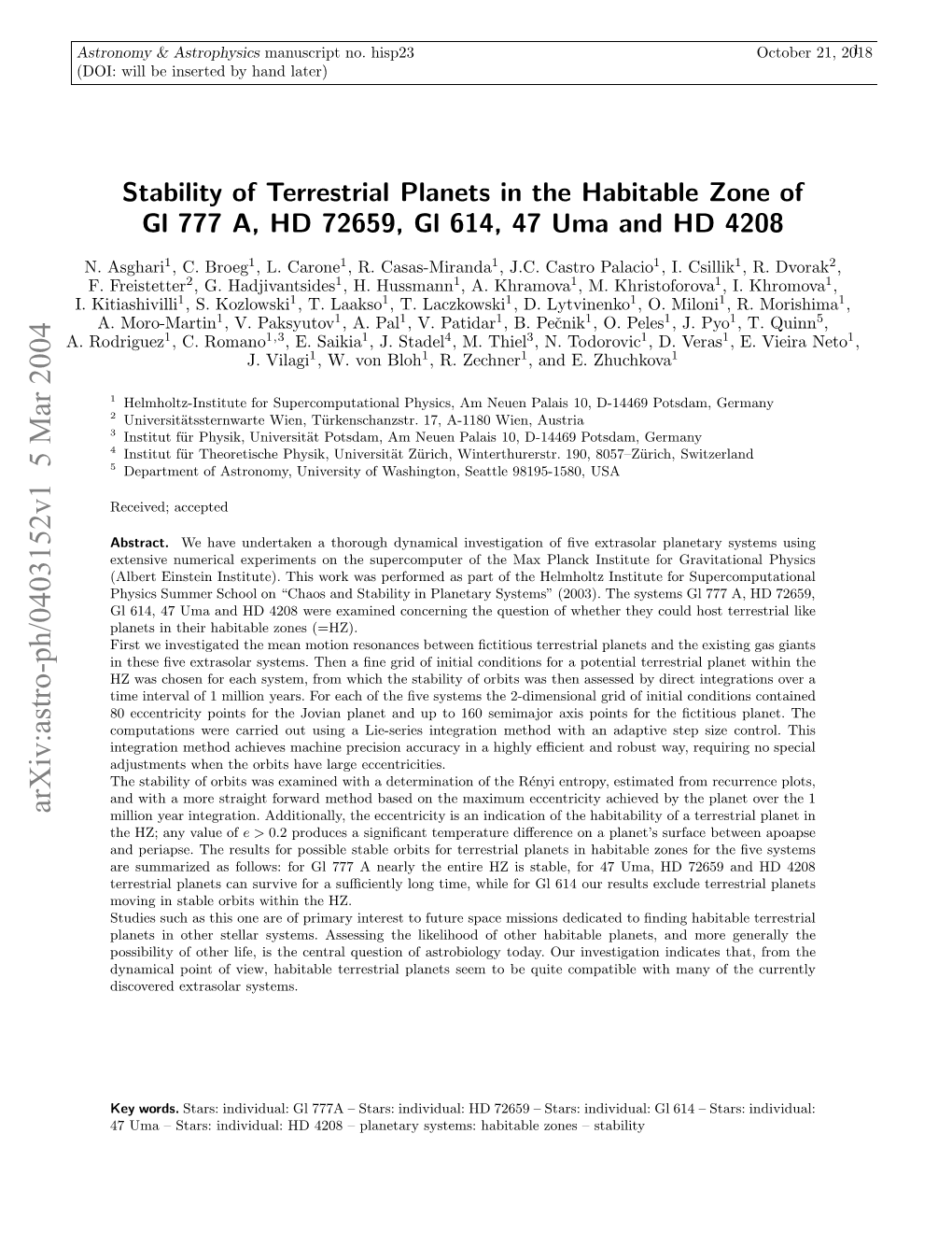 Stability of Terrestrial Planets in the Habitable Zone of Gl 777 A, HD