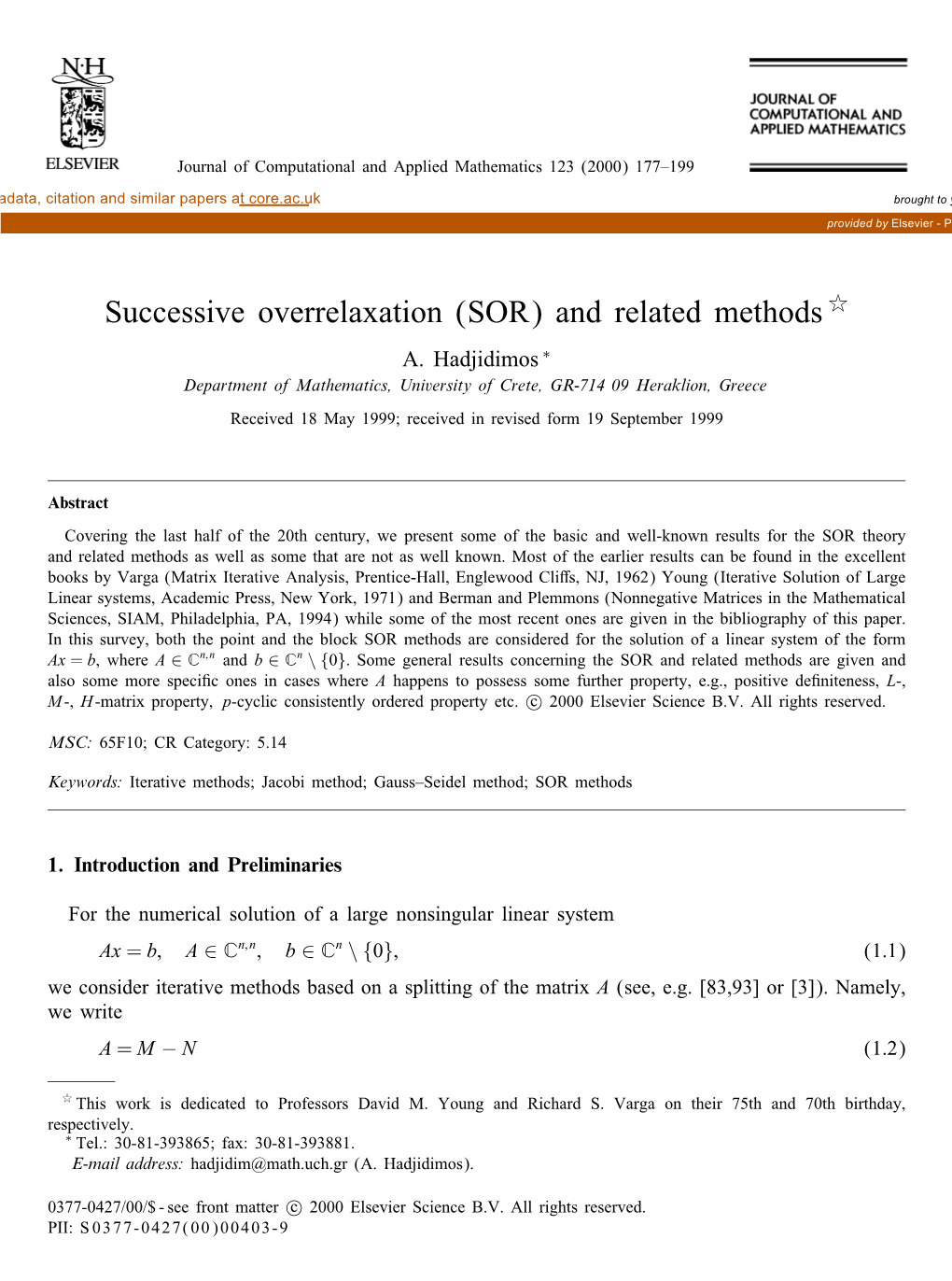 Successive Overrelaxation (SOR) and Related Methods ( A