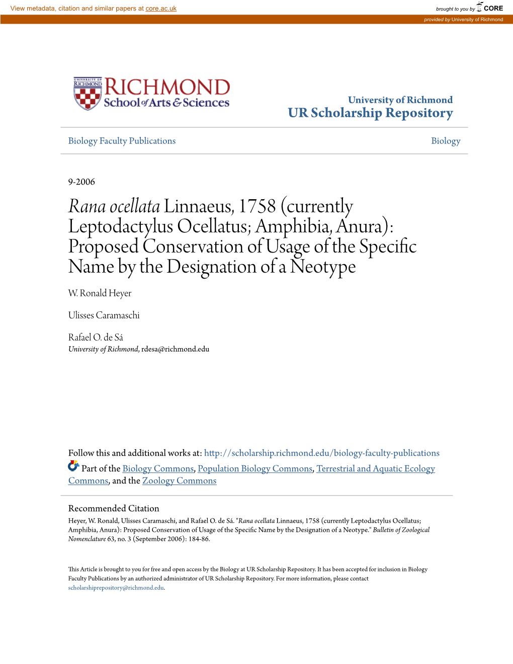 Linnaeus, 1758 (Currently Leptodactylus Ocellatus; Amphibia, Anura): Proposed Conservation of Usage of the Specific Name by the Designation of a Neotype W