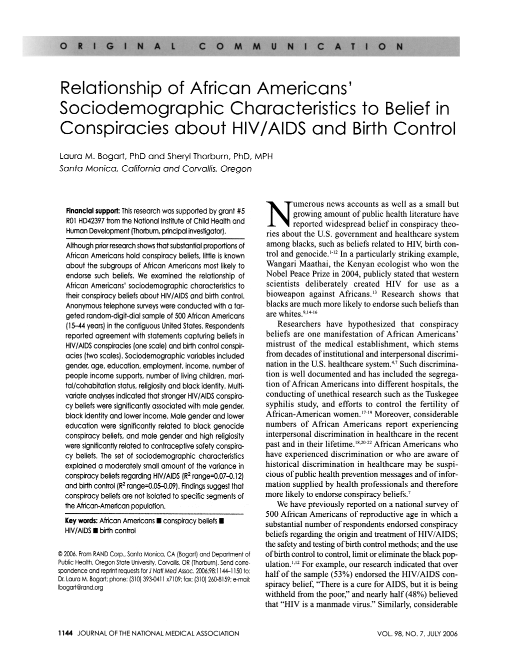 Relationship of African Americans' Sociodemographic Characteristics to Belief in Conspiracies About HIV/AIDS and Birth Control