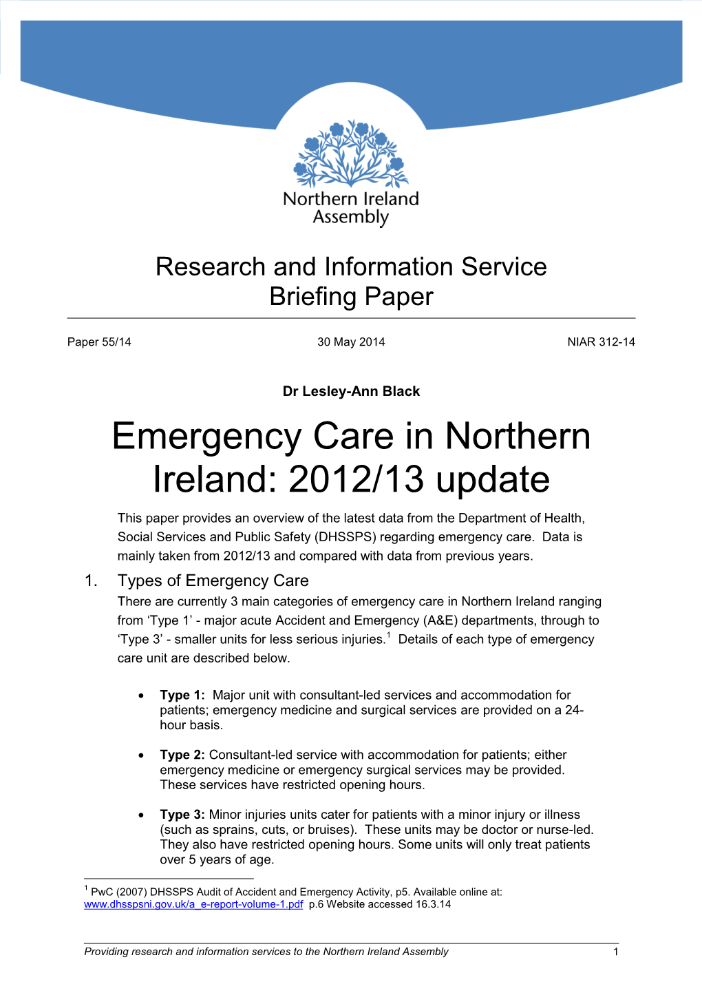 Emergency Care in Northern Ireland: 2012/13 Update