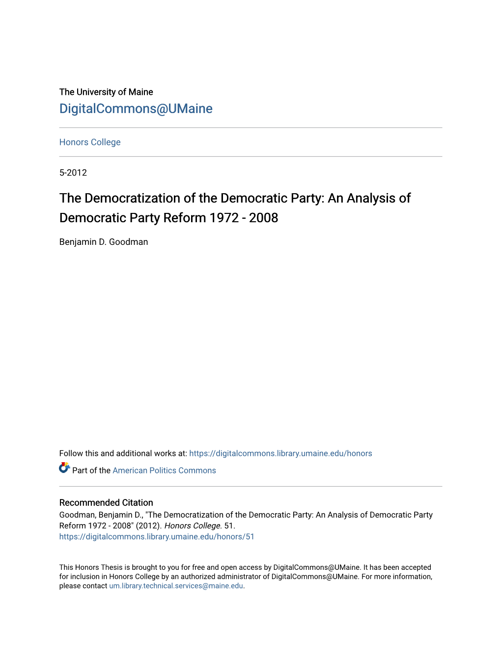 An Analysis of Democratic Party Reform 1972 - 2008