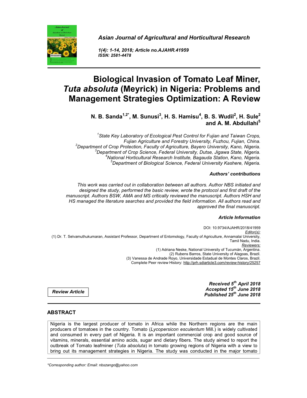 Biological Invasion of Tomato Leaf Miner, Tuta Absoluta (Meyrick) in Nigeria: Problems and Management Strategies Optimization: a Review