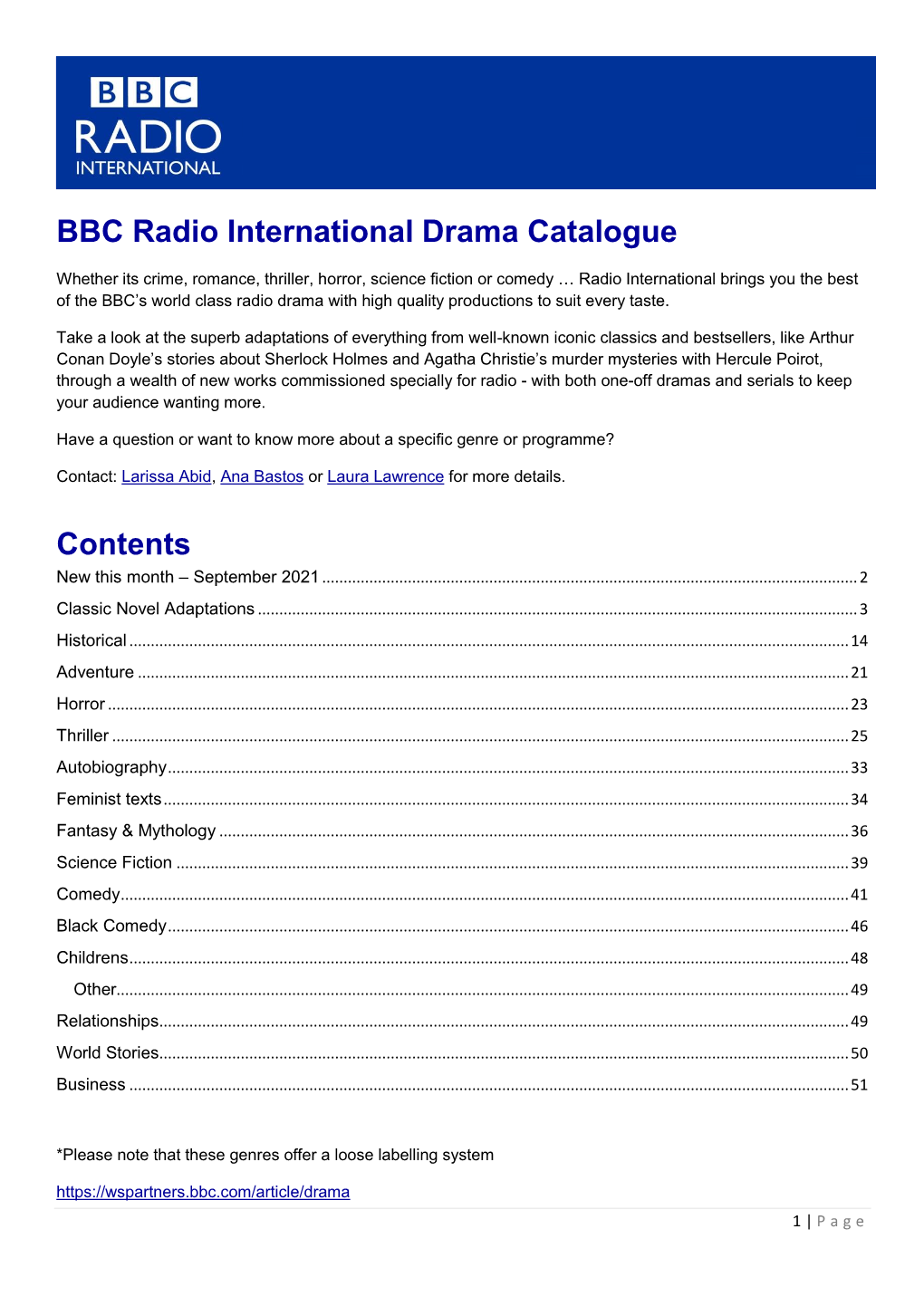 BBC Radio International Drama Catalogue Contents