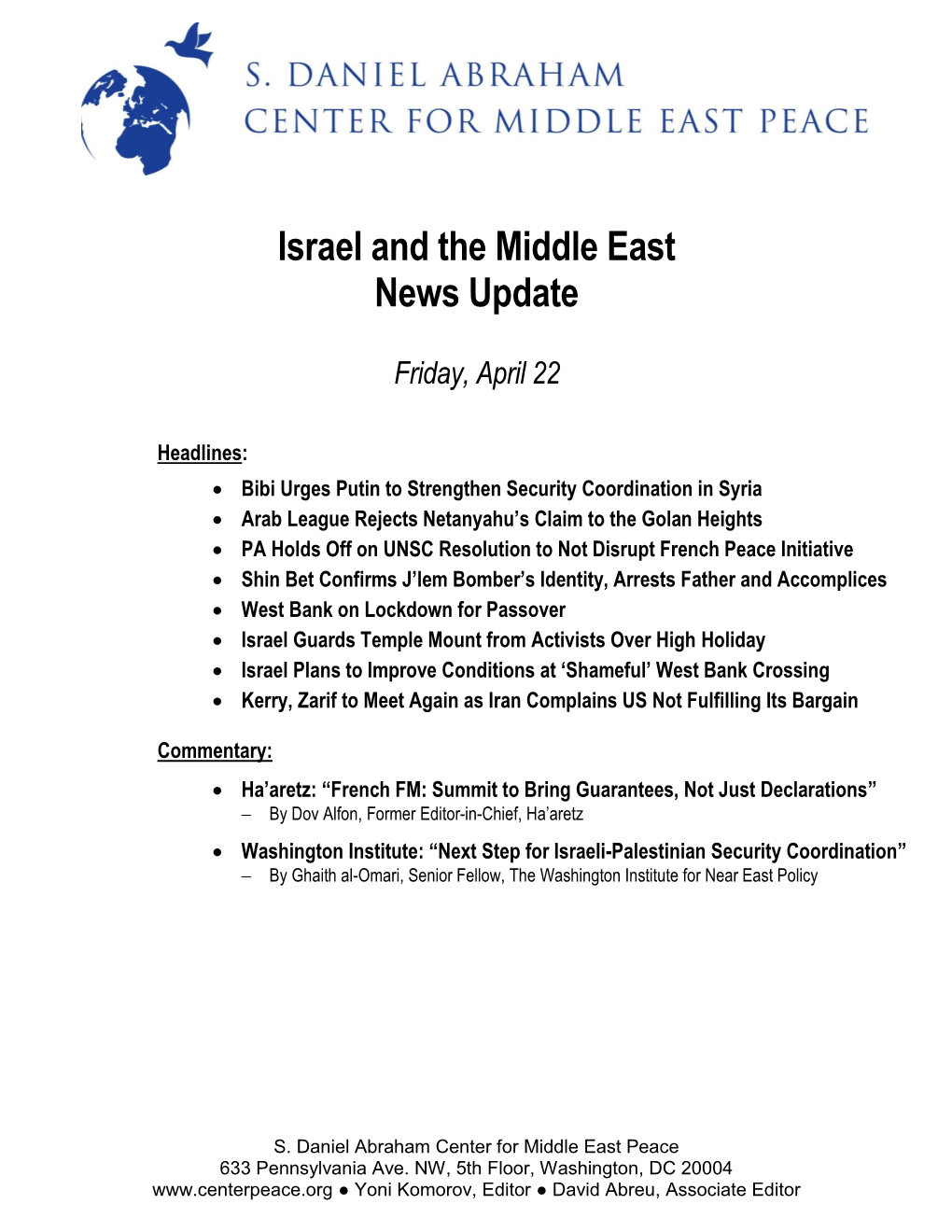 Israel and the Middle East News Update