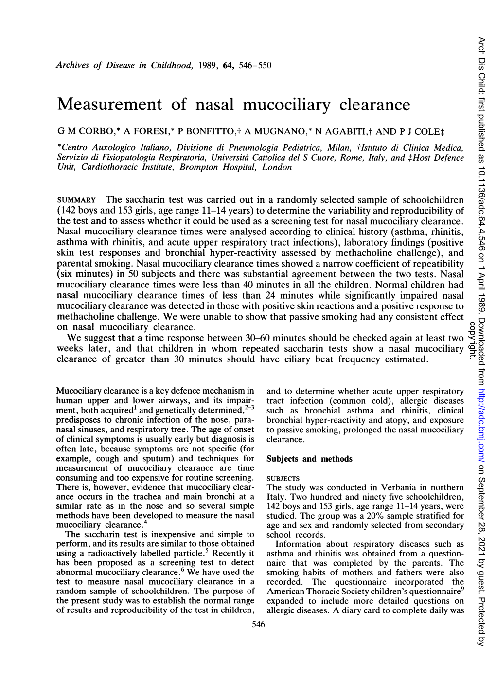 Measurement of Nasal Mucociliary Clearance