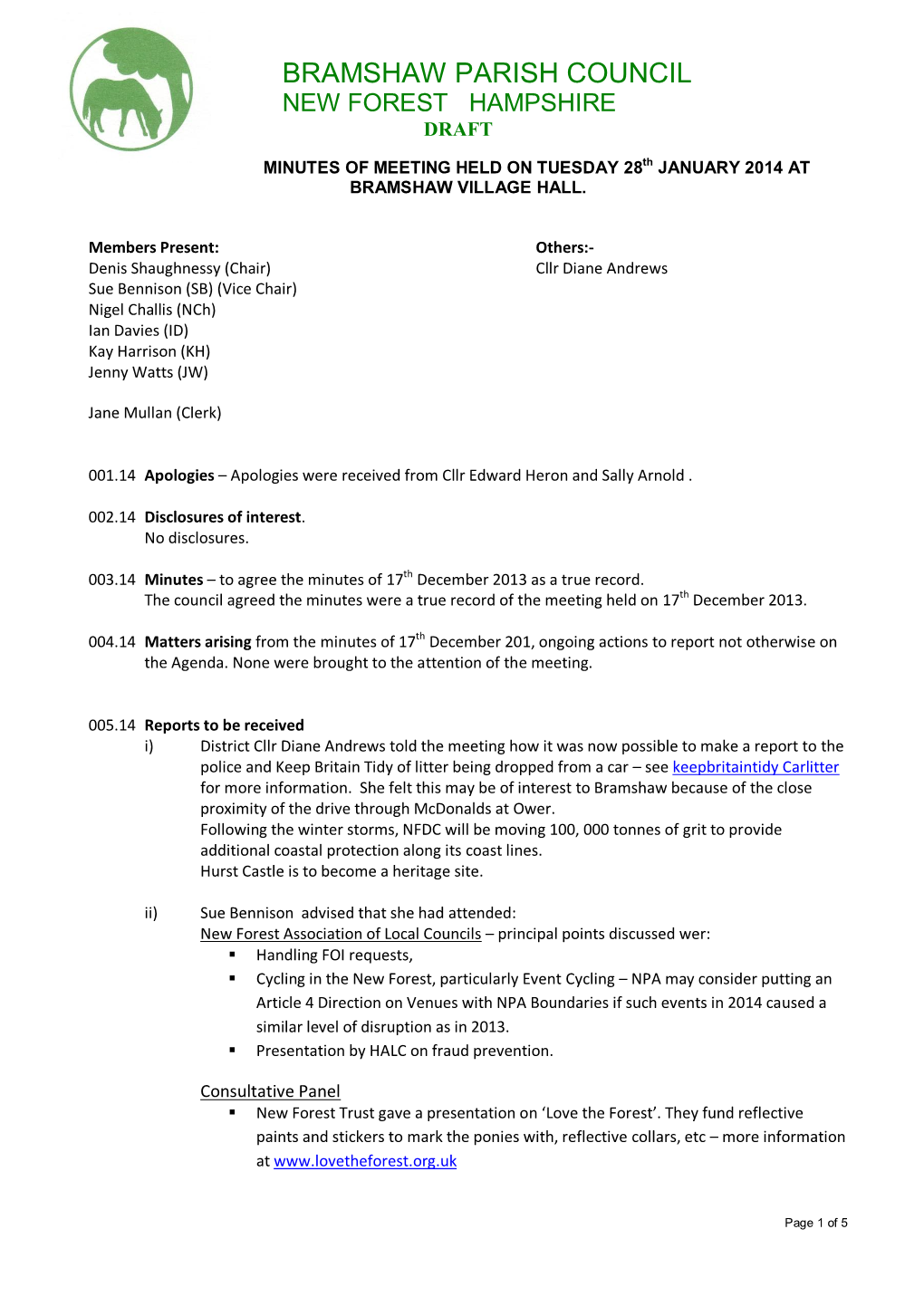 Bramshaw Parish Council New Forest Hampshire Draft