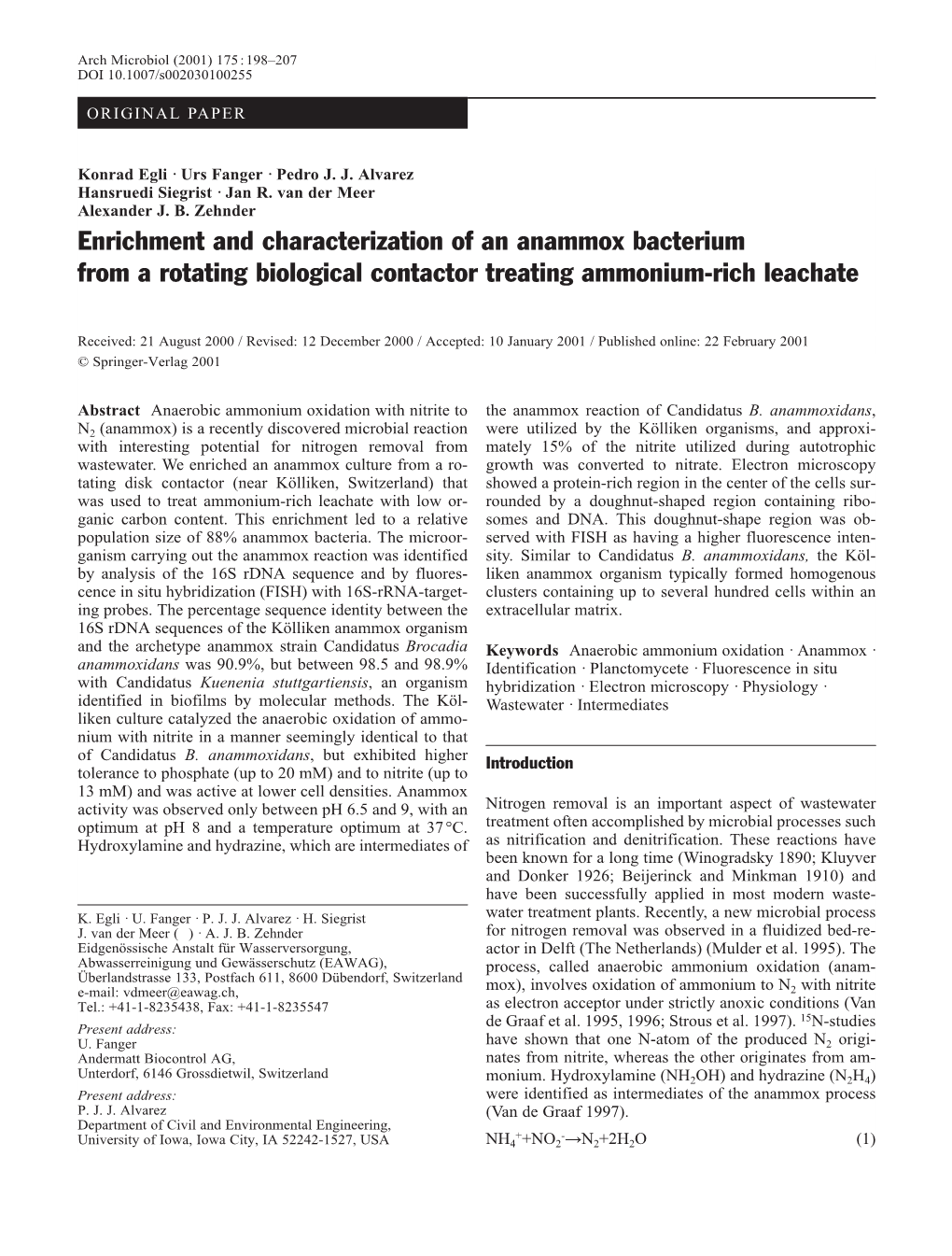 Enrichment and Characterization of an Anammox Bacterium from a Rotating Biological Contactor Treating Ammonium-Rich Leachate