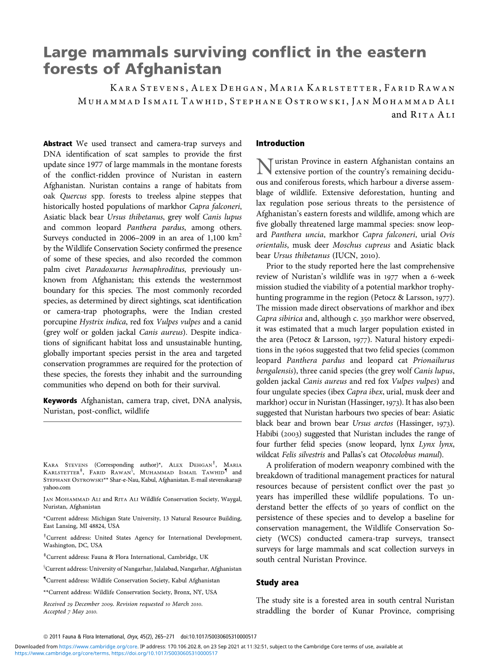 Large Mammals Surviving Conflict in the Eastern Forests of Afghanistan