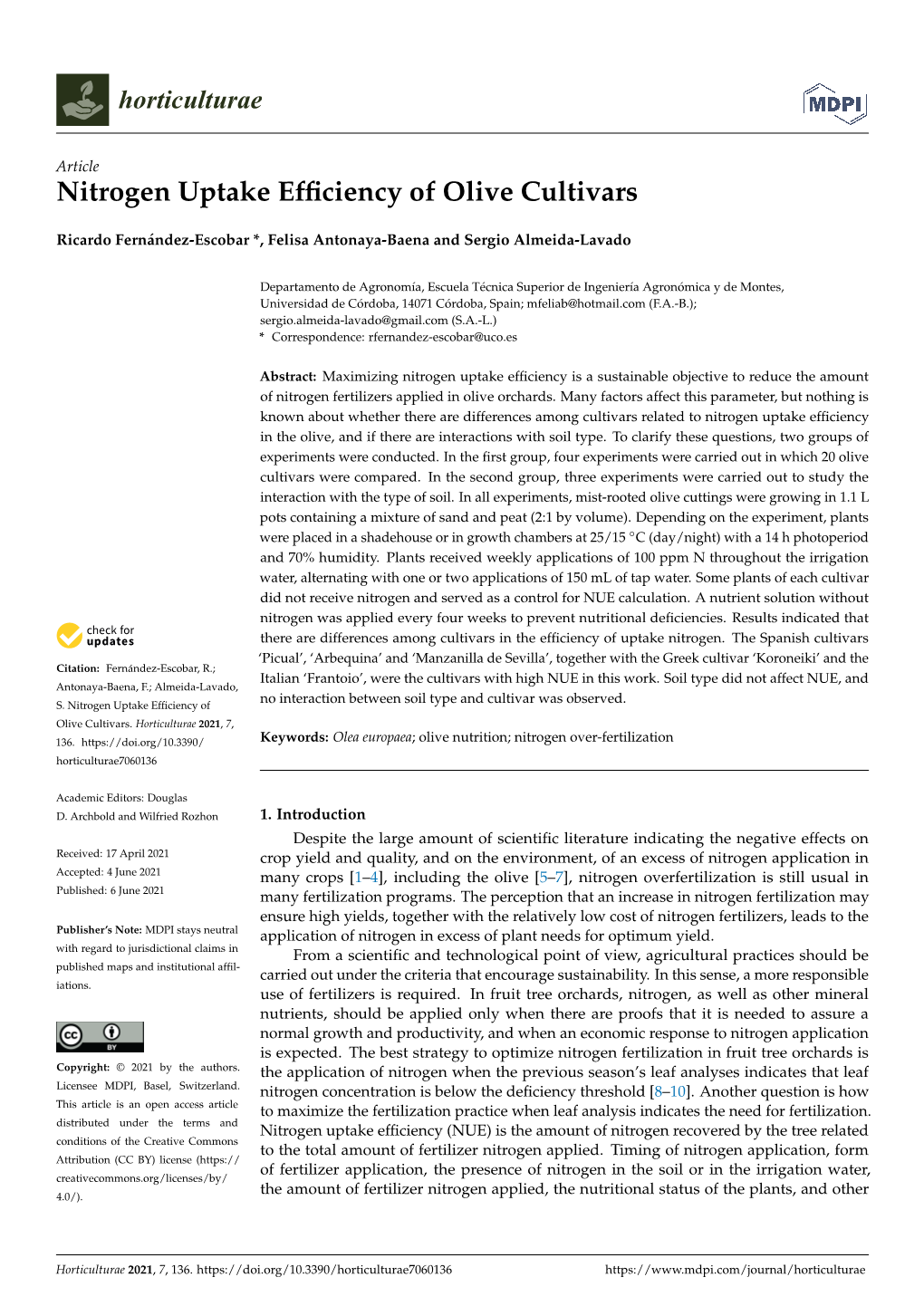 Nitrogen Uptake Efficiency of Olive Cultivars