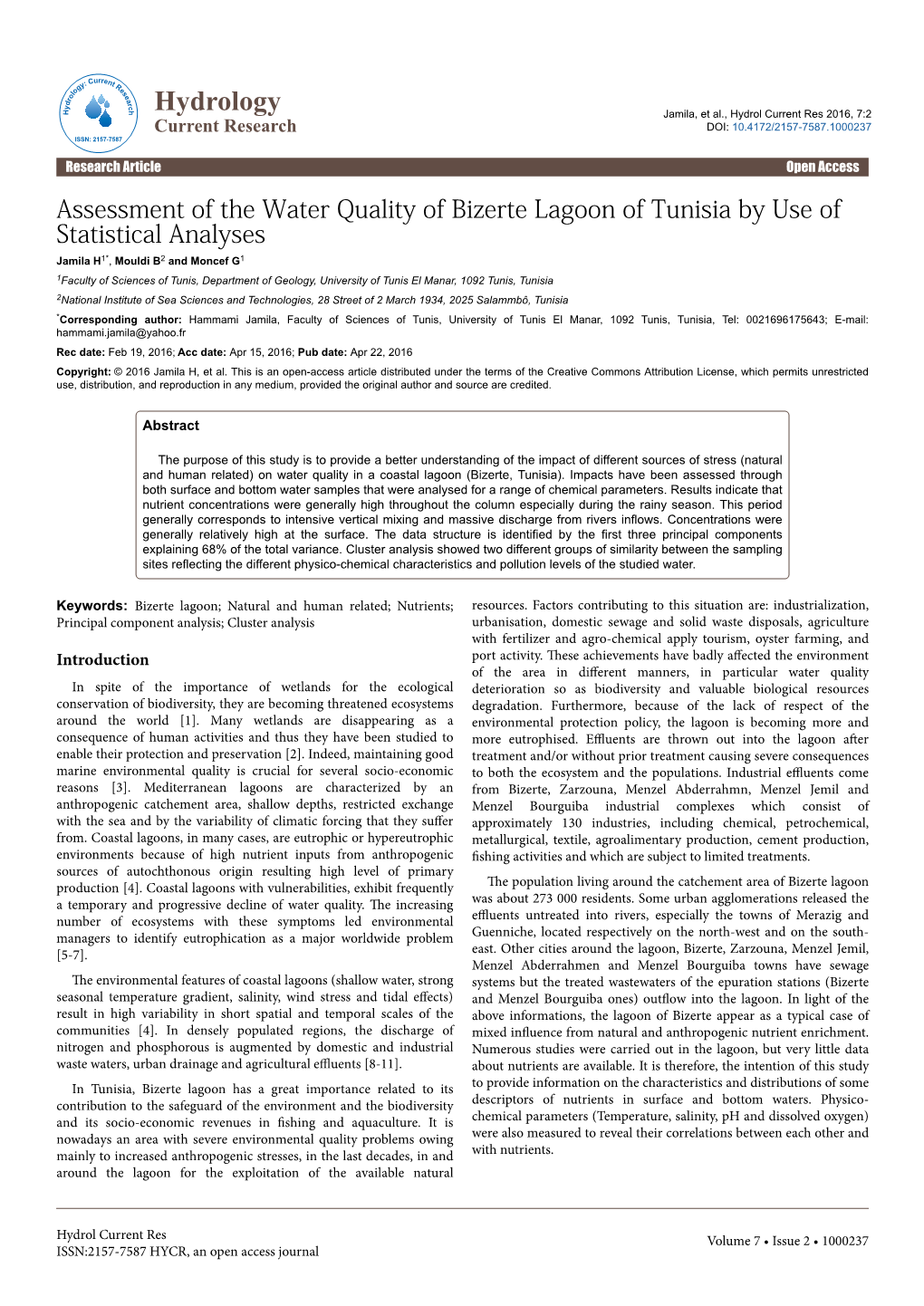 Assessment of the Water Quality of Bizerte Lagoon of Tunisia by Use Of