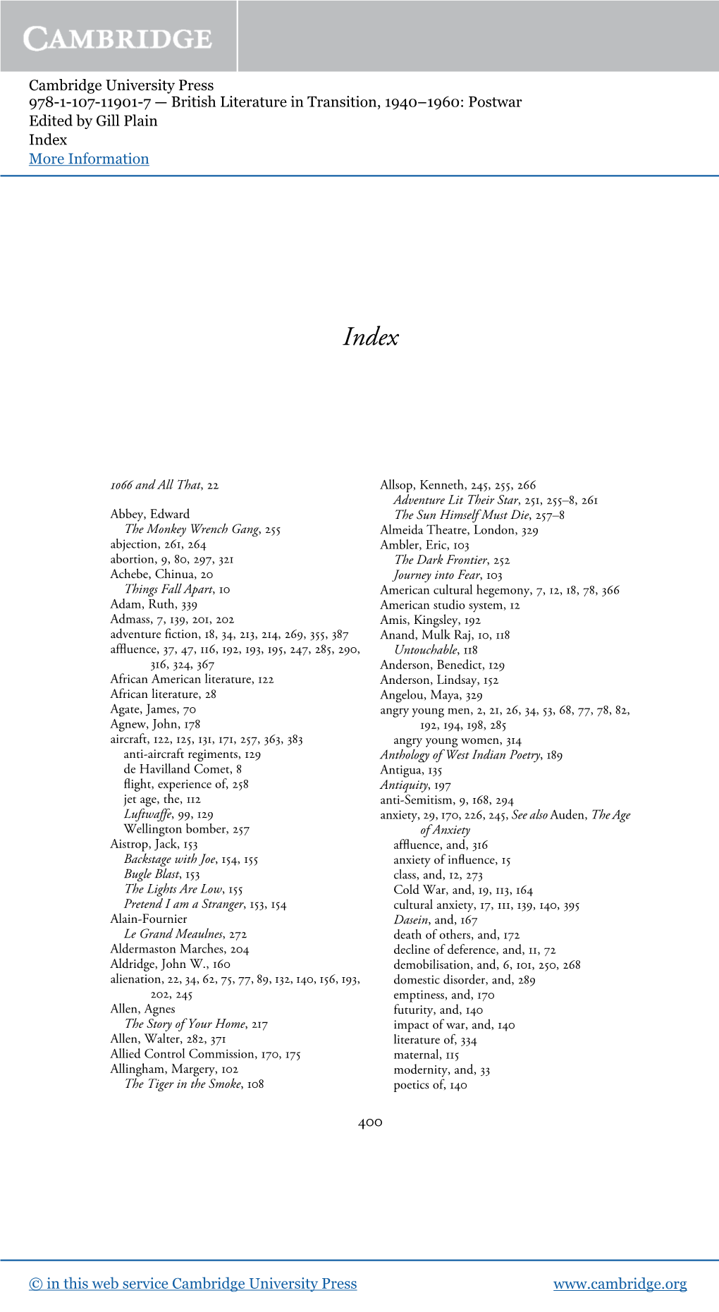 British Literature in Transition, 1940–1960: Postwar Edited by Gill Plain Index More Information