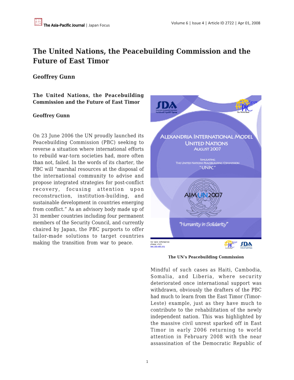 The United Nations, the Peacebuilding Commission and the Future of East Timor