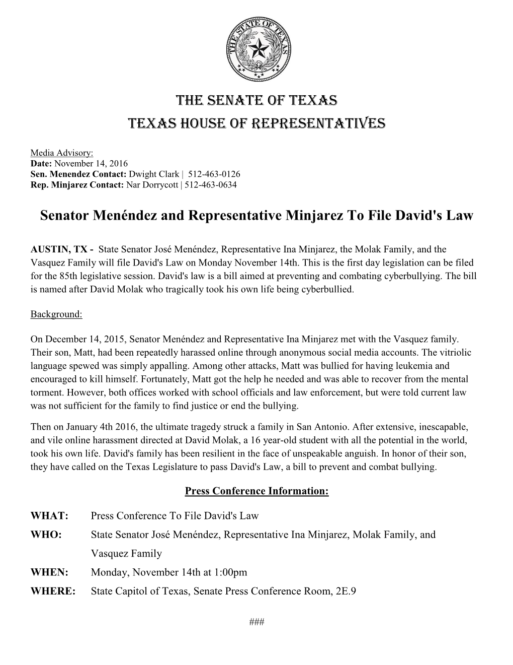 Senator Menéndez and Representative Minjarez to File David's Law