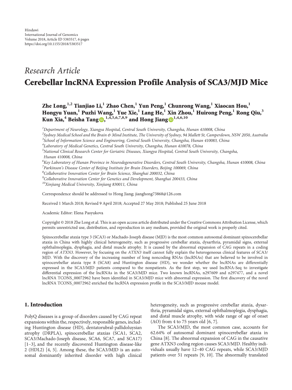 Research Article Cerebellar Lncrna Expression Profile Analysis of SCA3/MJD Mice