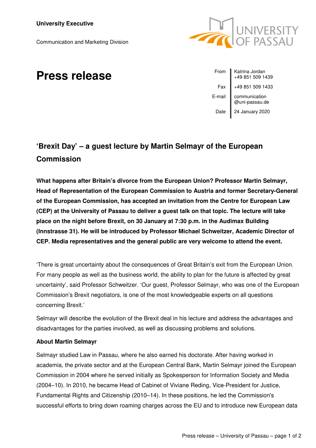 'Brexit Day' – a Guest Lecture by Martin Selmayr of the European Commission