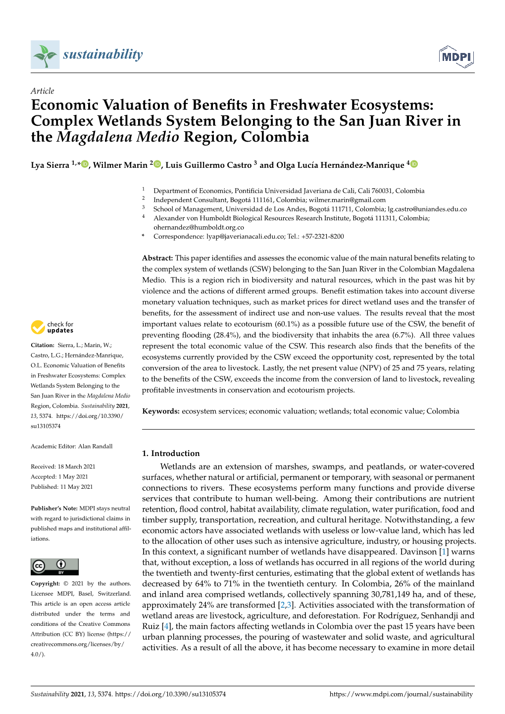 Economic Valuation of Benefits in Freshwater Ecosystems