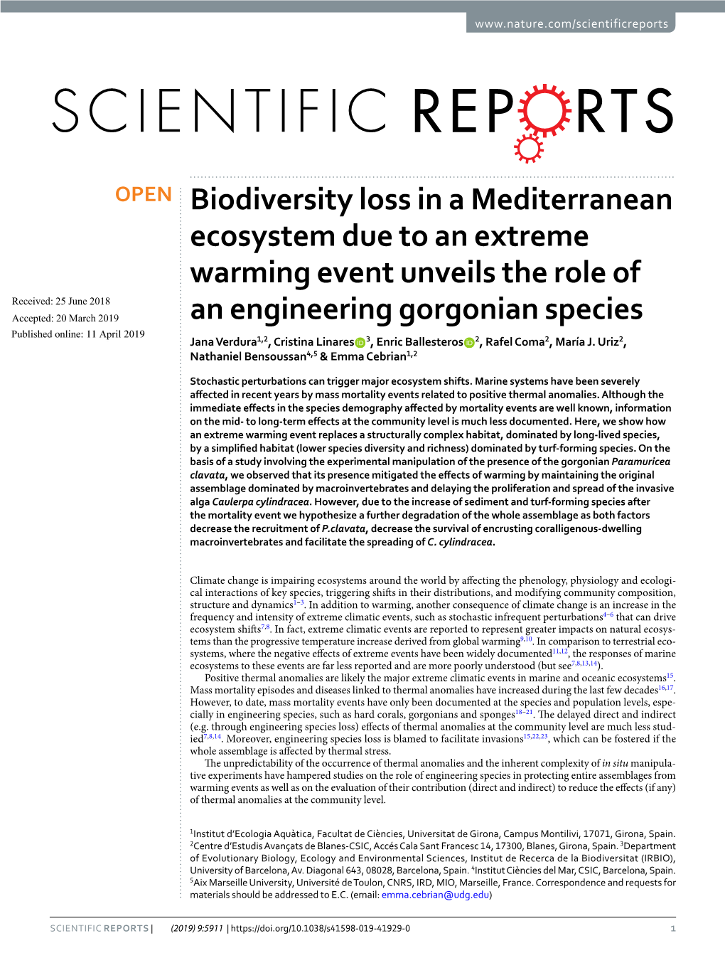 Biodiversity Loss in a Mediterranean Ecosystem Due to an Extreme