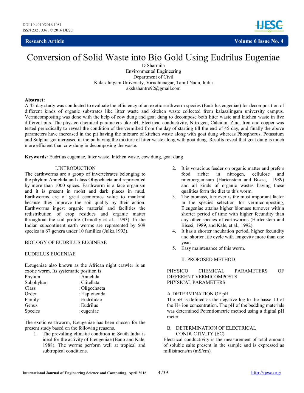 Conversion of Solid Waste Into Bio Gold Using Eudrilus Eugeniae