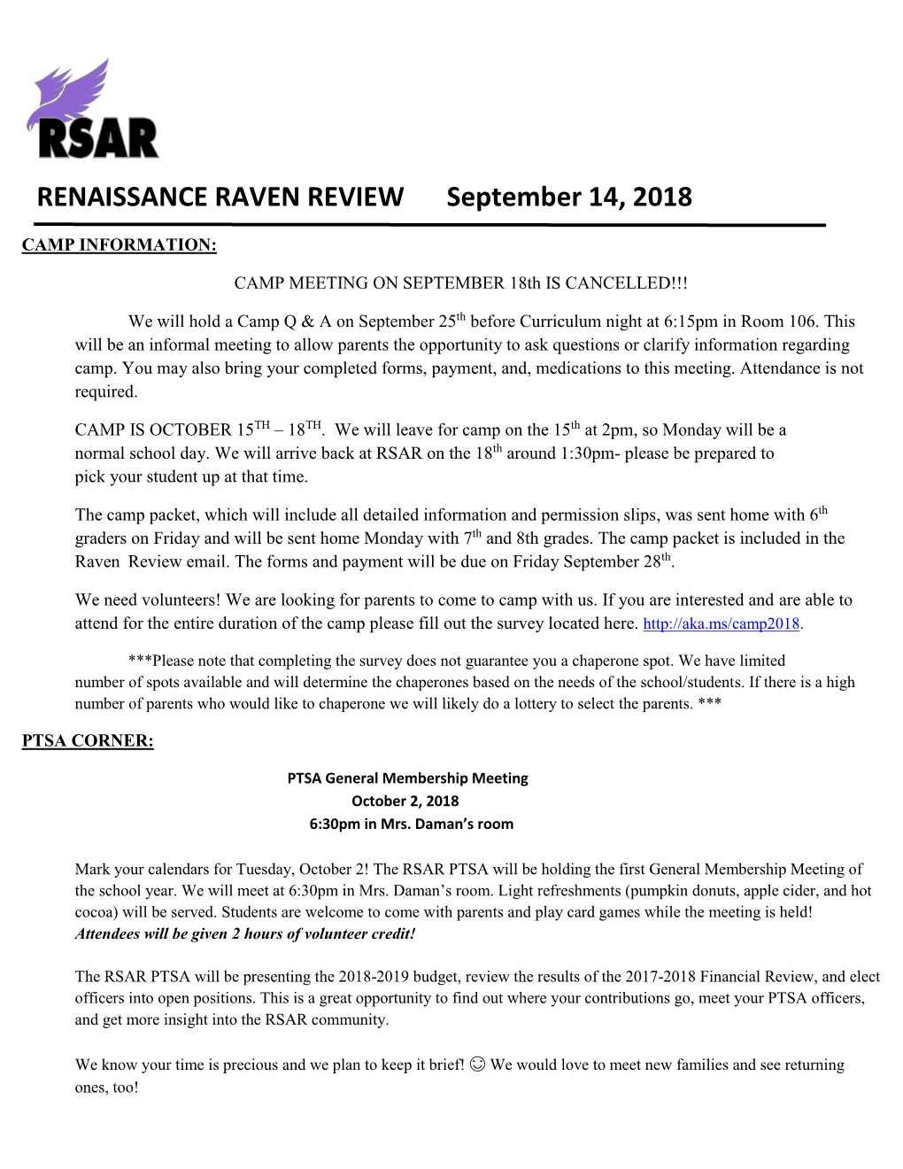 RENAISSANCE RAVEN REVIEW September 14, 2018