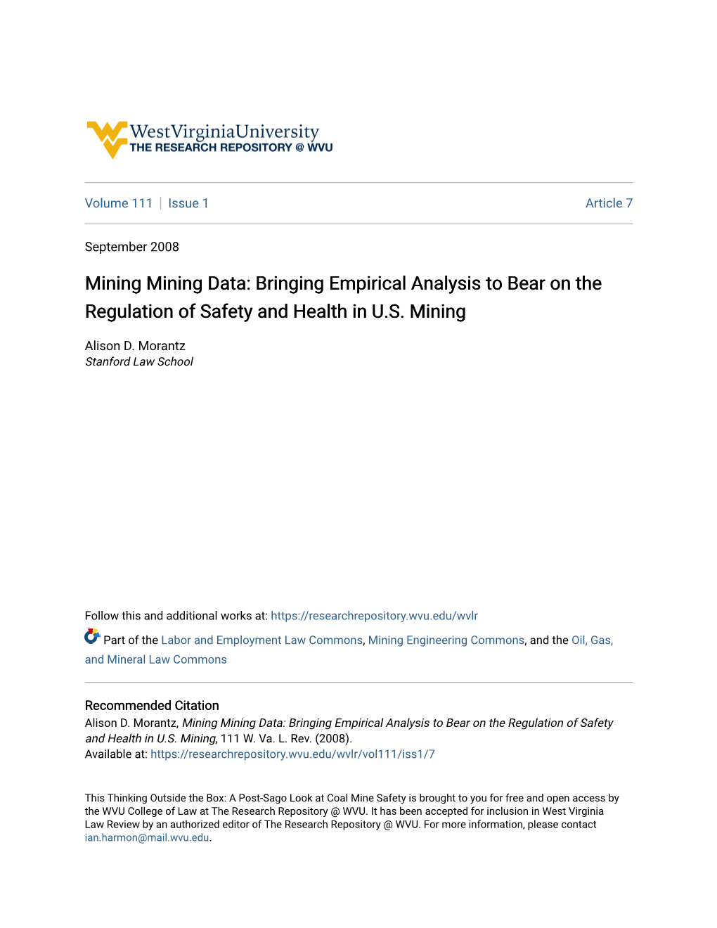 Mining Mining Data: Bringing Empirical Analysis to Bear on the Regulation of Safety and Health in U.S