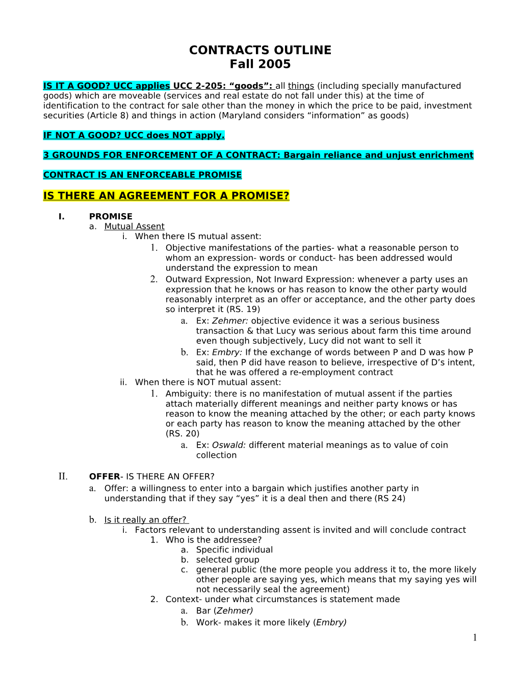 CONTRACTS OUTLINE Fall 2005