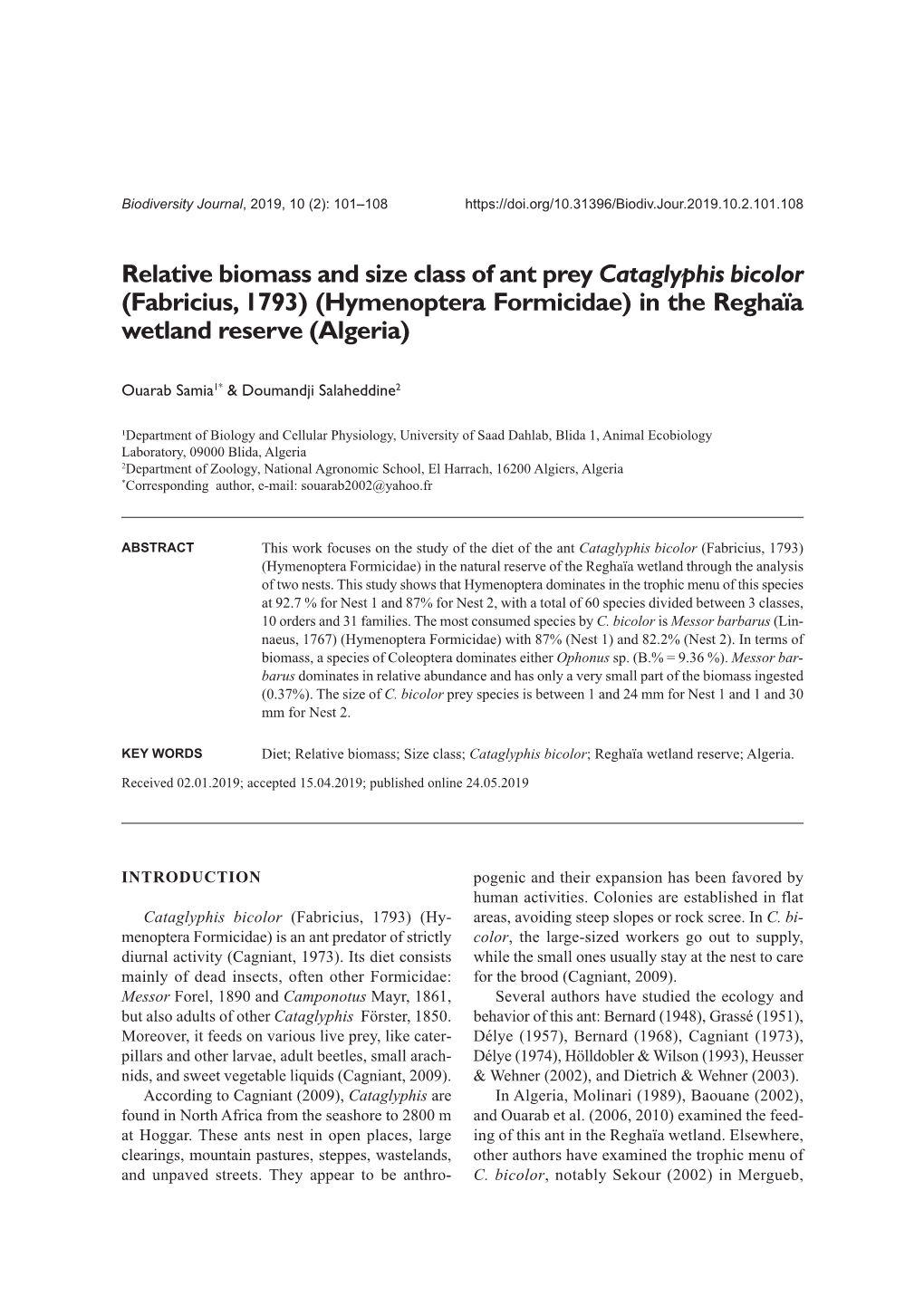 Relative Biomass and Size Class of Ant Prey Cataglyphis Bicolor (Fabricius, 1793) (Hymenoptera Formicidae) in the Reghaïa Wetland Reserve (Algeria)