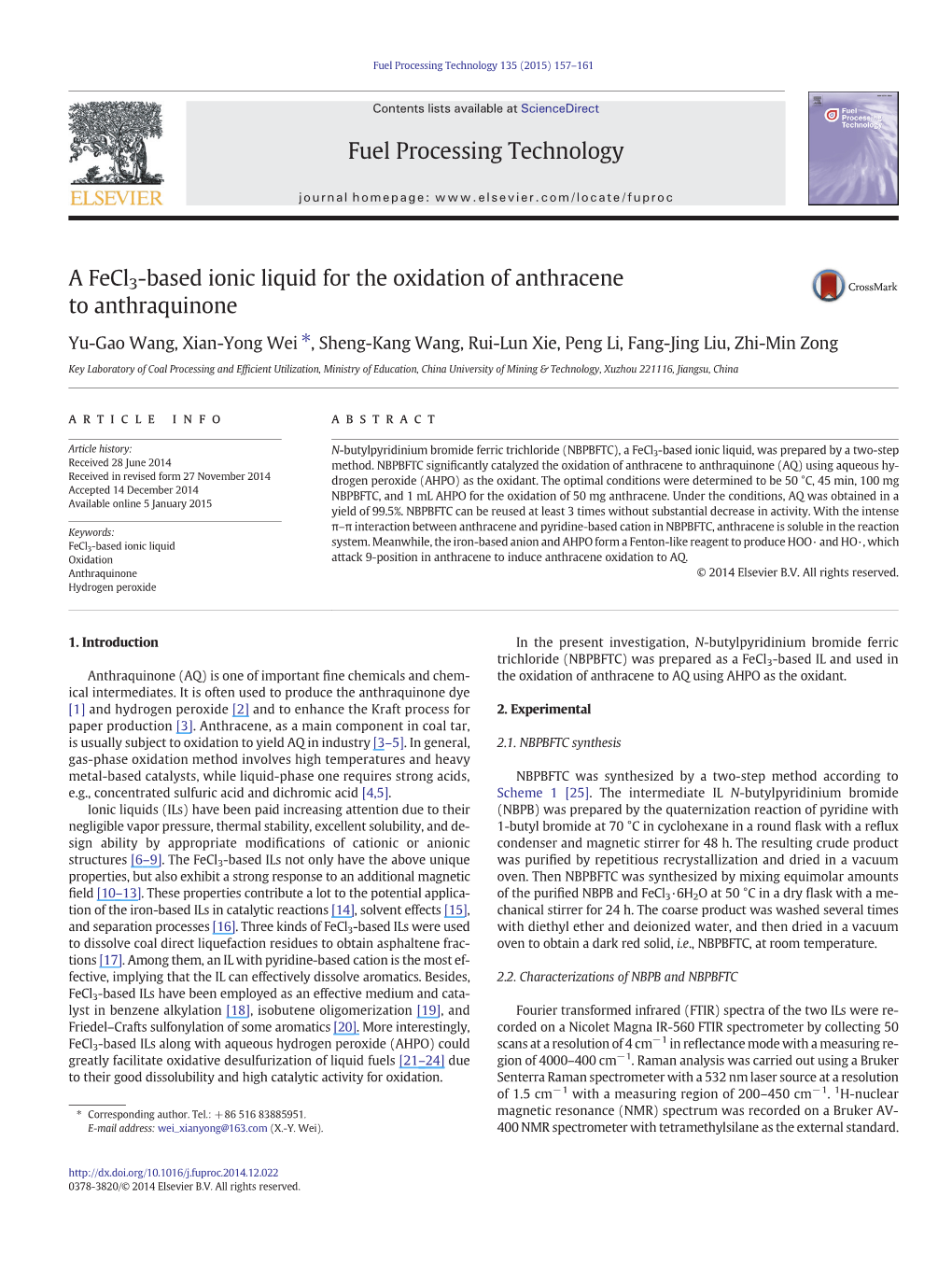 A Fecl3-Based Ionic Liquid for the Oxidation of Anthracene To