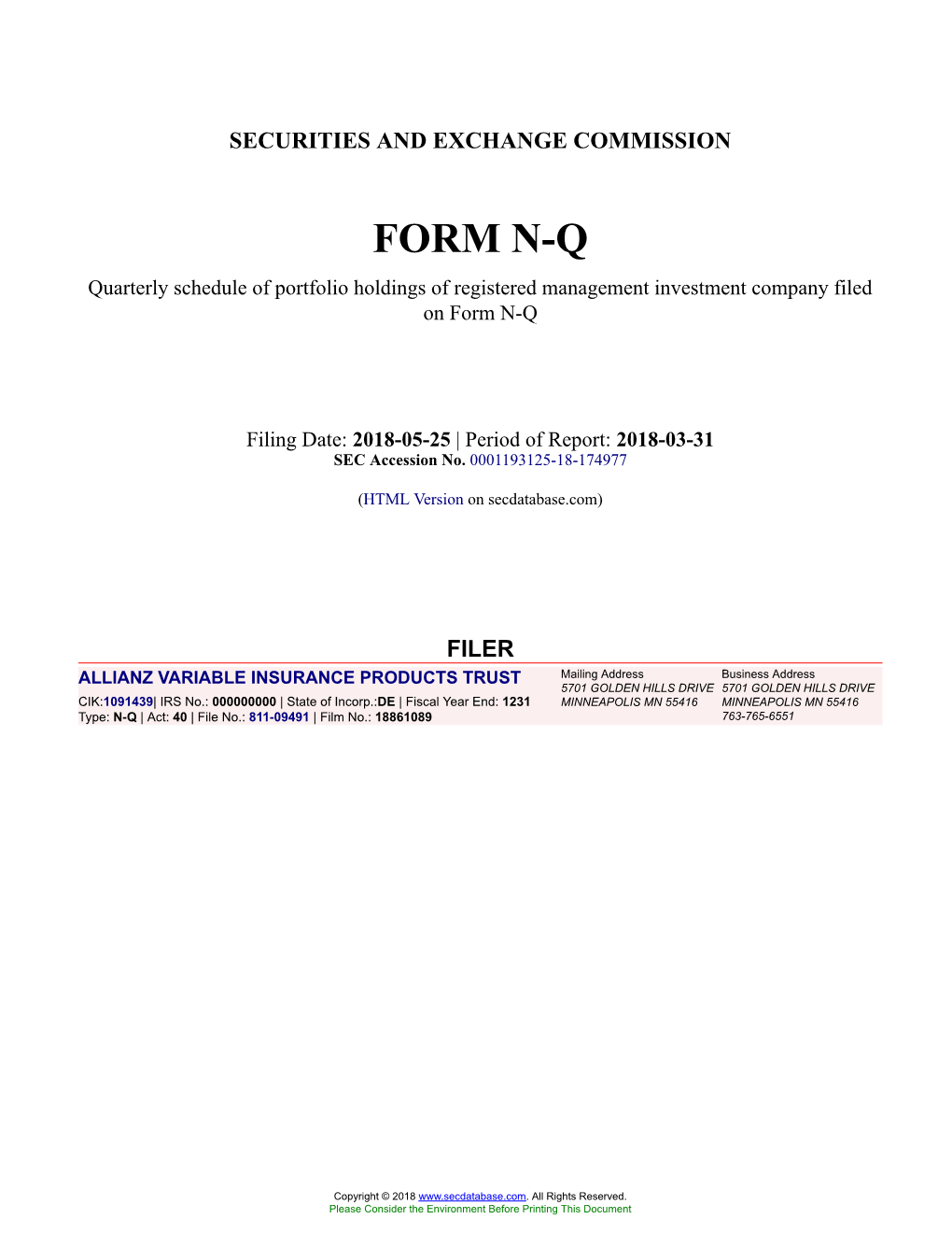 ALLIANZ VARIABLE INSURANCE PRODUCTS TRUST Form N-Q Filed 2018-05-25