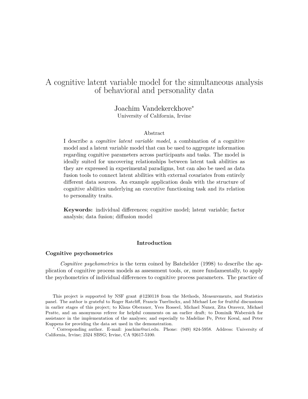 A Cognitive Latent Variable Model for the Simultaneous Analysis of Behavioral and Personality Data