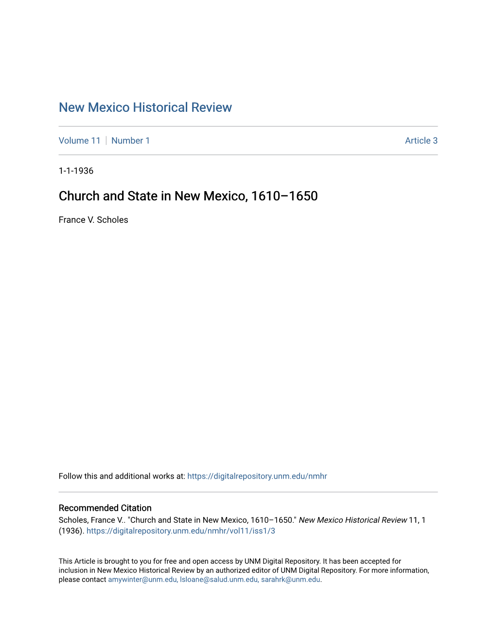 Church and State in New Mexico, 1610Â•Fi1650