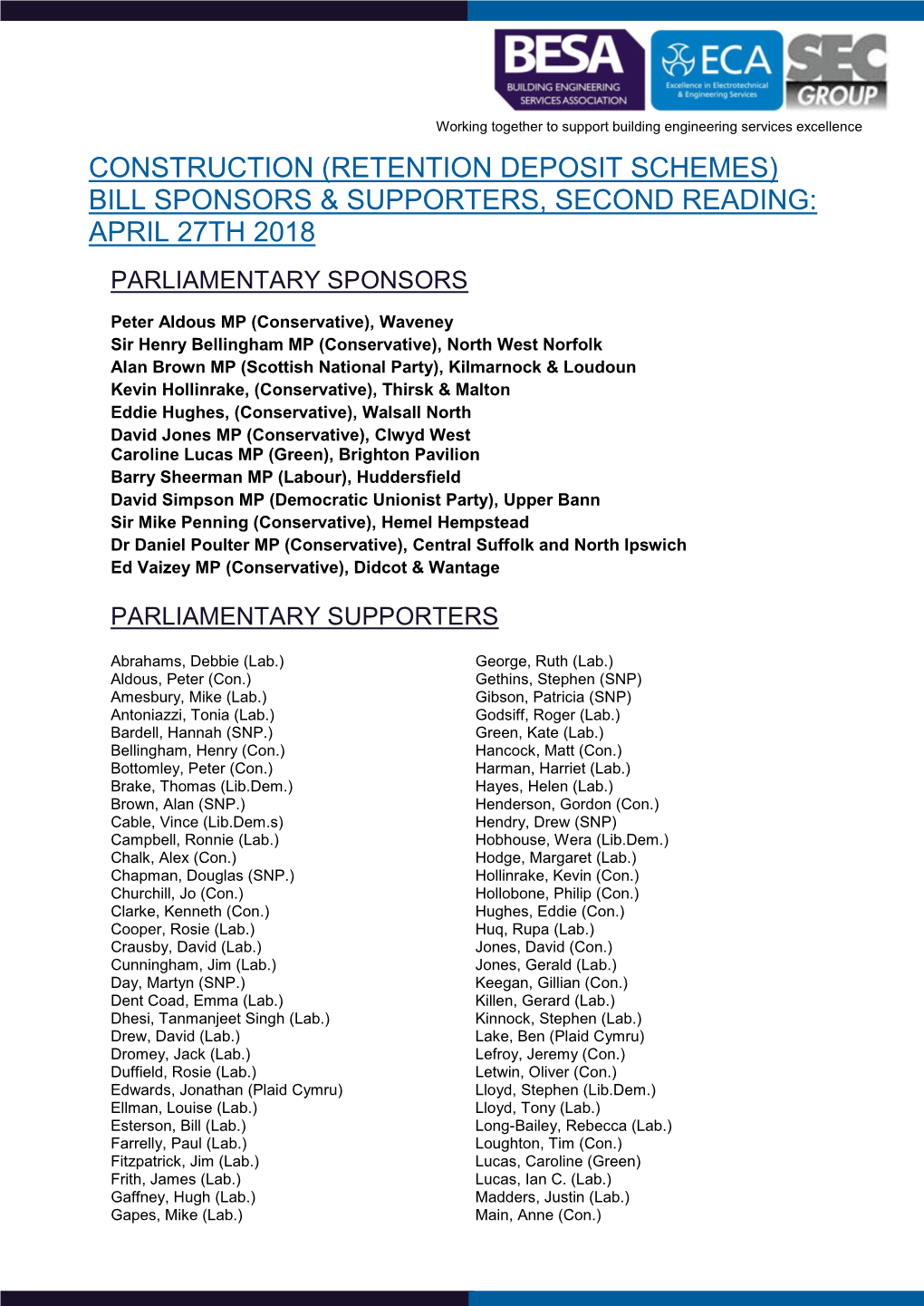 Construction (Retention Deposit Schemes) Bill Sponsors & Supporters, Second Reading: April 27Th 2018