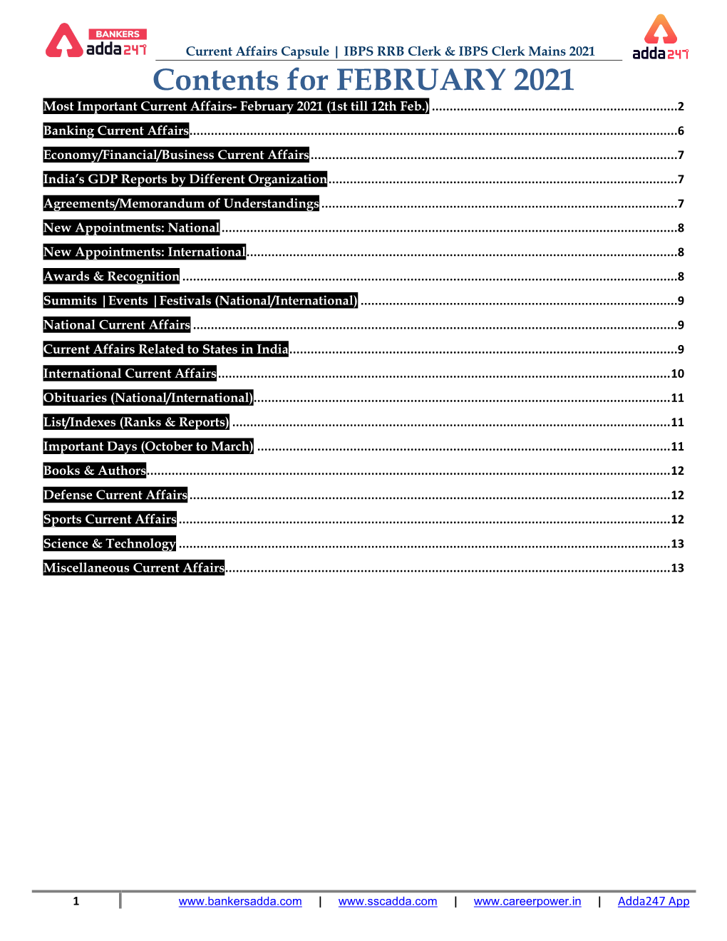 Contents for FEBRUARY 2021 Most Important Current Affairs- February 2021 (1St Till 12Th Feb.)