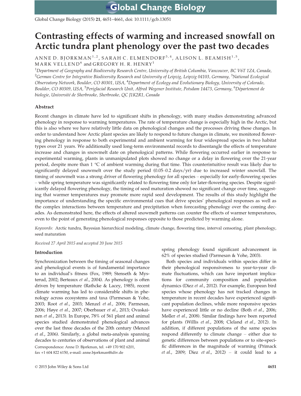 Contrasting Effects of Warming and Increased Snowfall on Arctic Tundra Plant Phenology Over the Past Two Decades