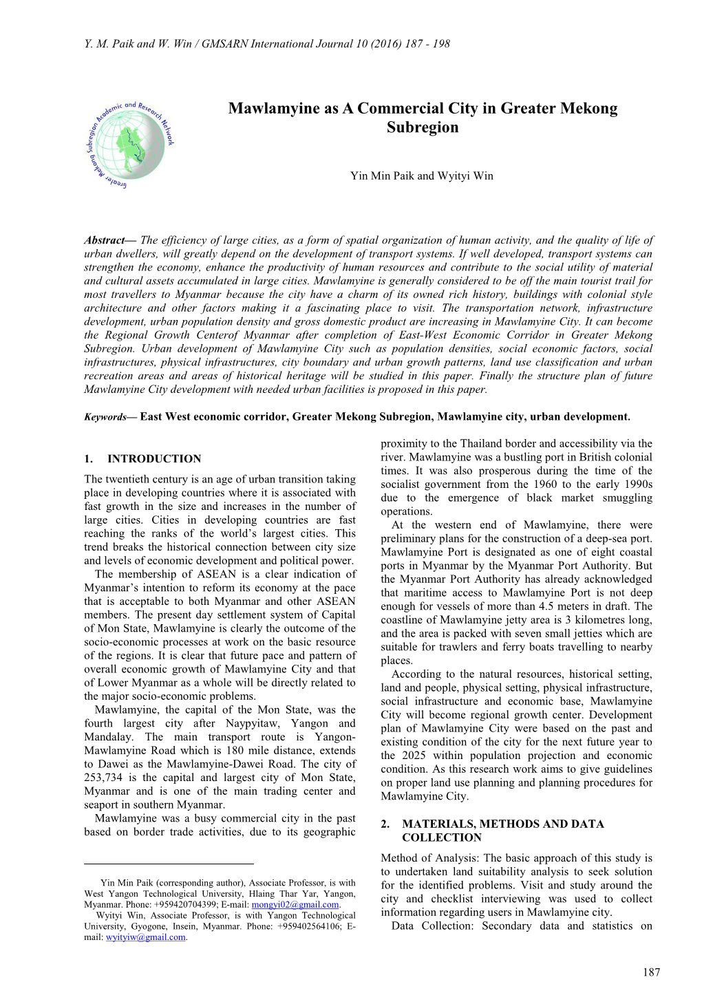 Mawlamyine As a Commercial City in Greater Mekong Subregion