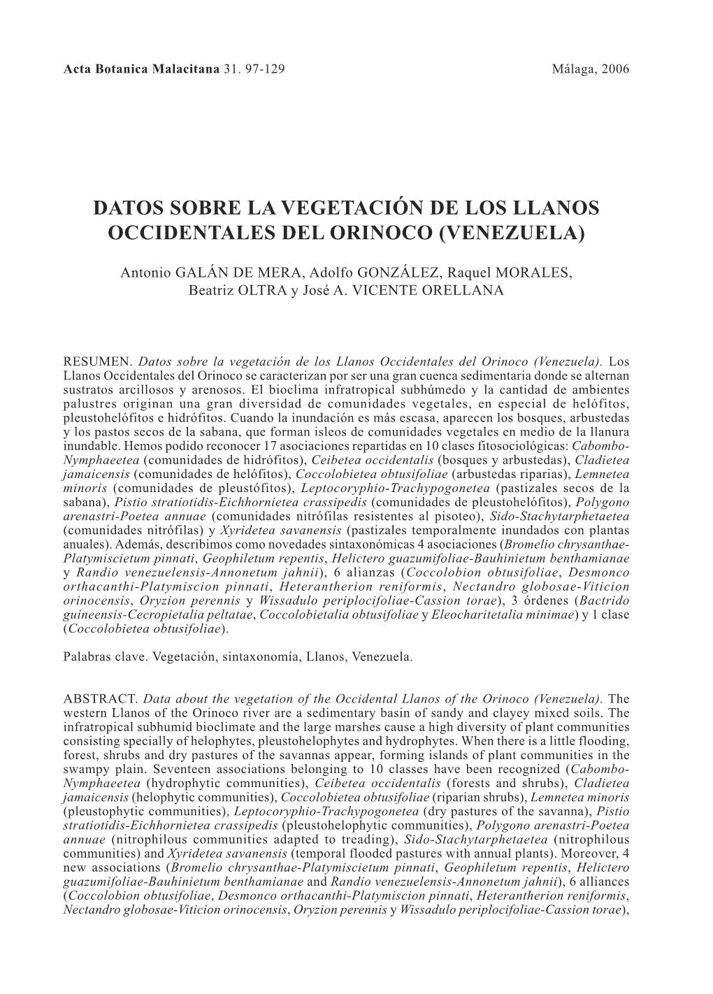 Datos Sobre La Vegetación De Los Llanos Occidentales Del Orinoco (Venezuela)