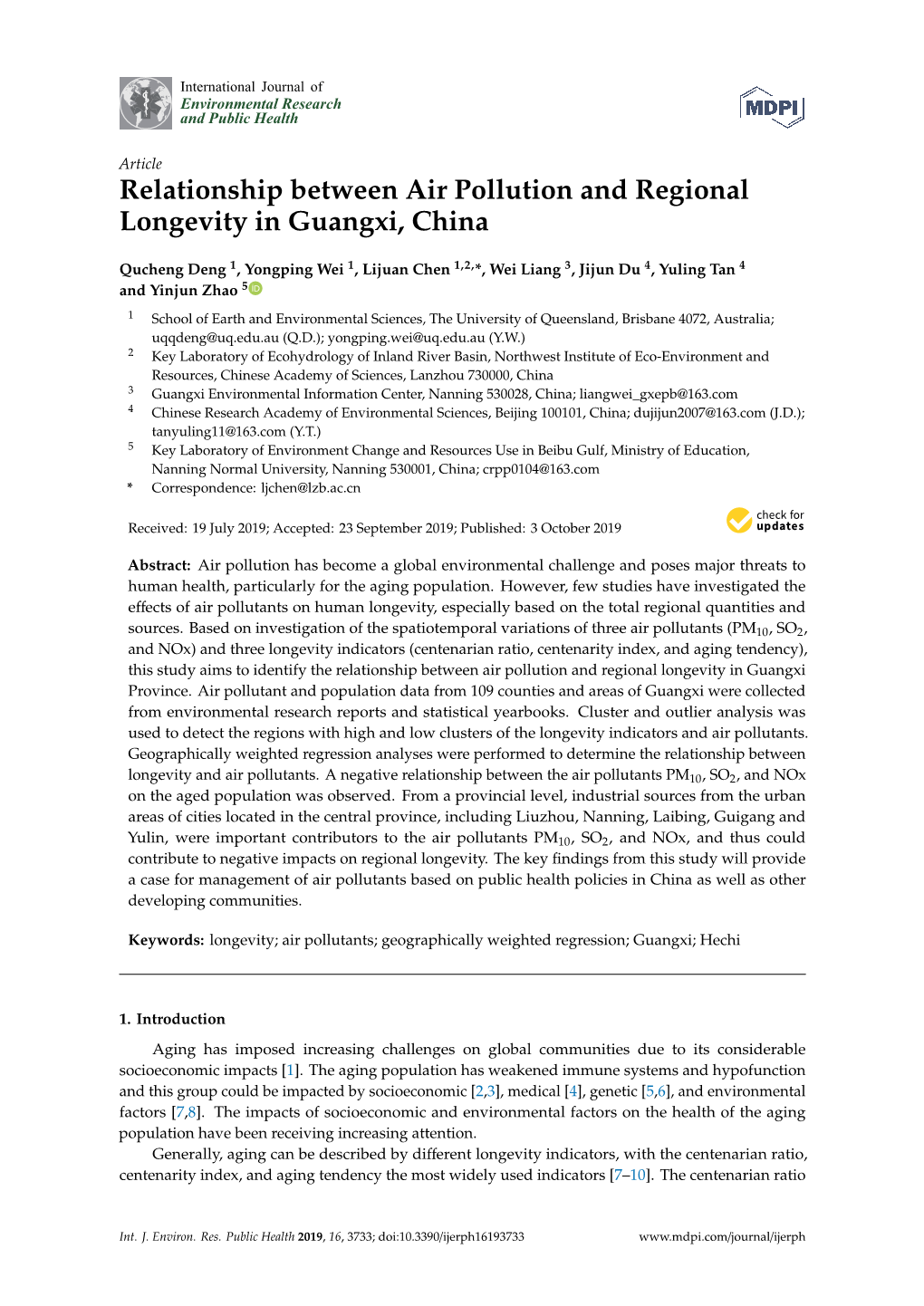 Relationship Between Air Pollution and Regional Longevity in Guangxi, China