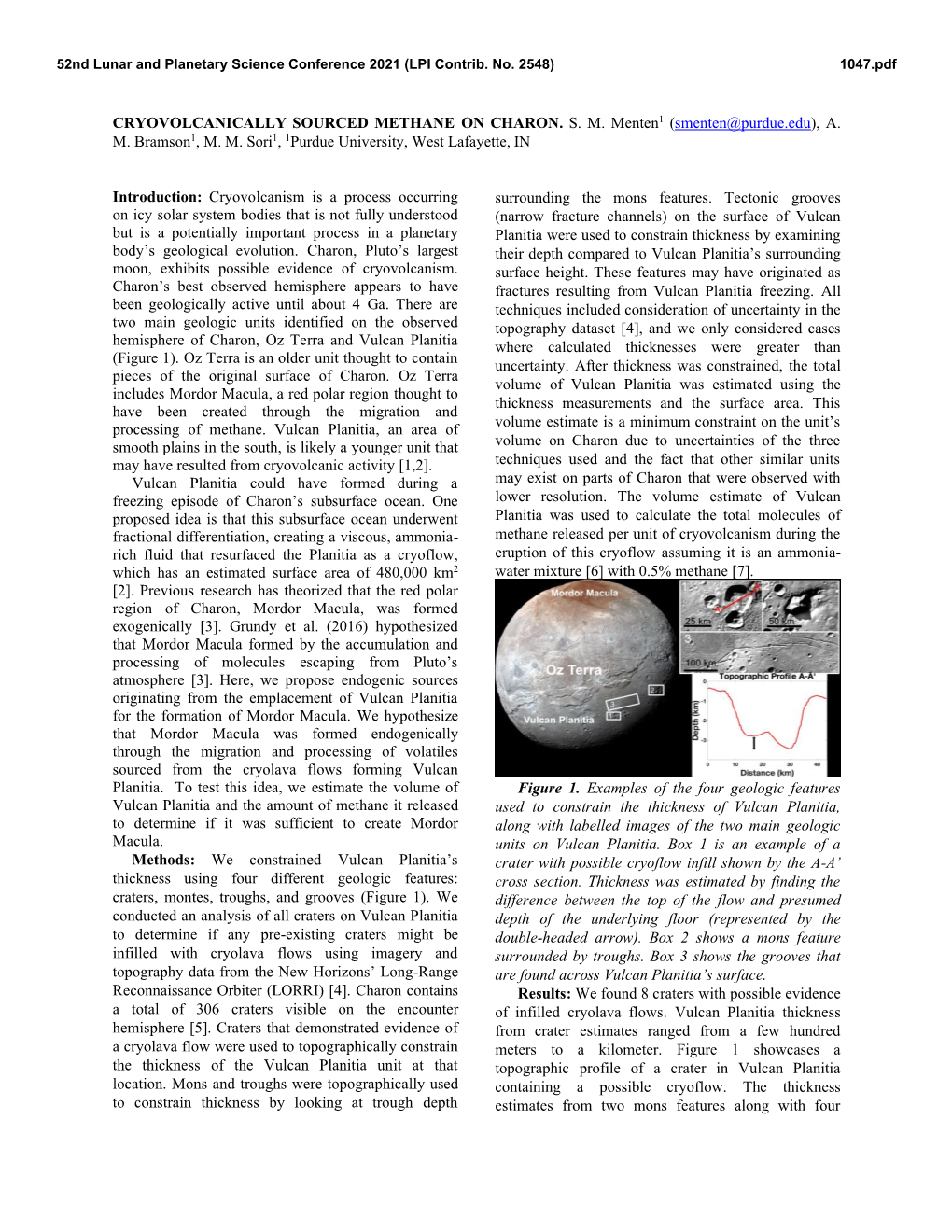 CRYOVOLCANICALLY SOURCED METHANE on CHARON. S. M. Menten1 (Smenten@Purdue.Edu), A