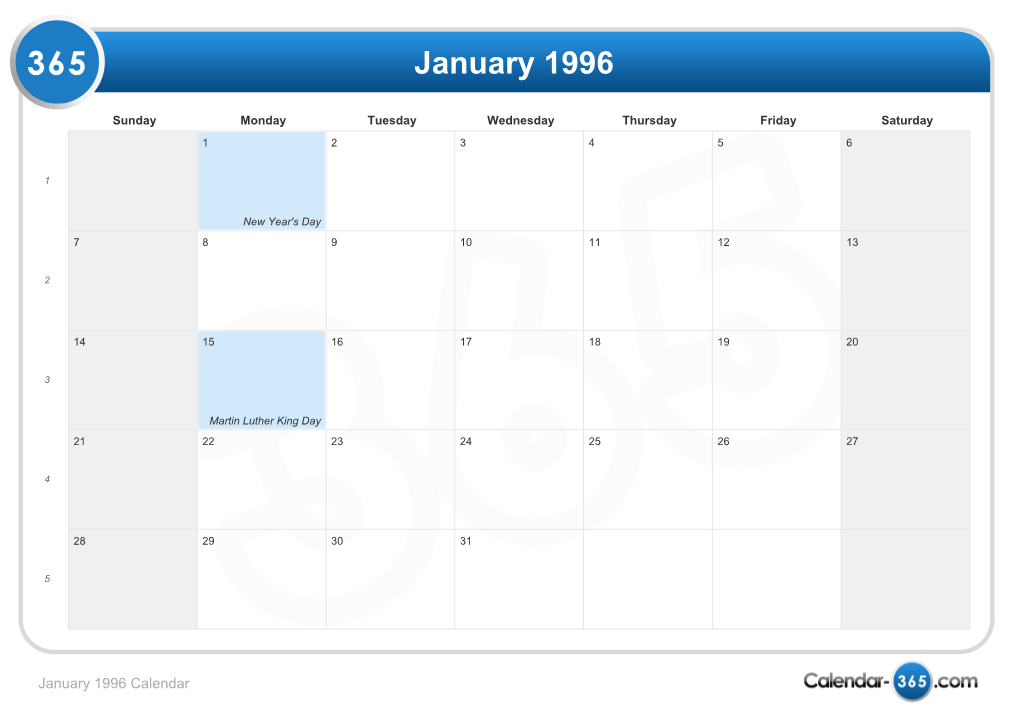 Month Calendar 1996 & Holidays 1996