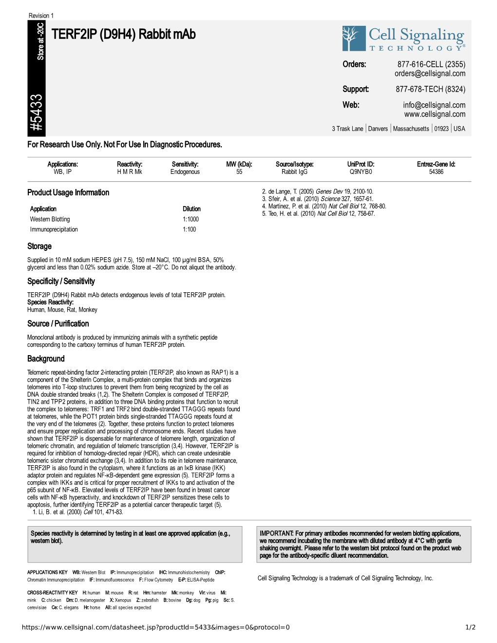 TERF2IP (D9H4) Rabbit Mab A