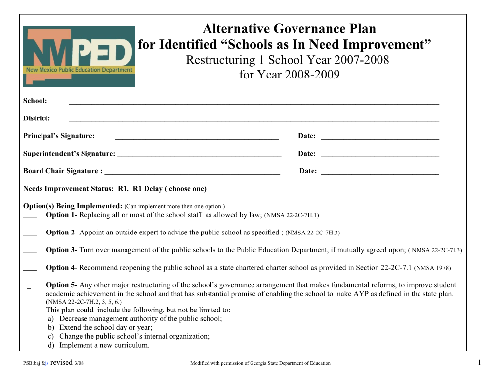 Alternative Governance Addendum to the School Improvement Plan for Title I Schools Identified s1