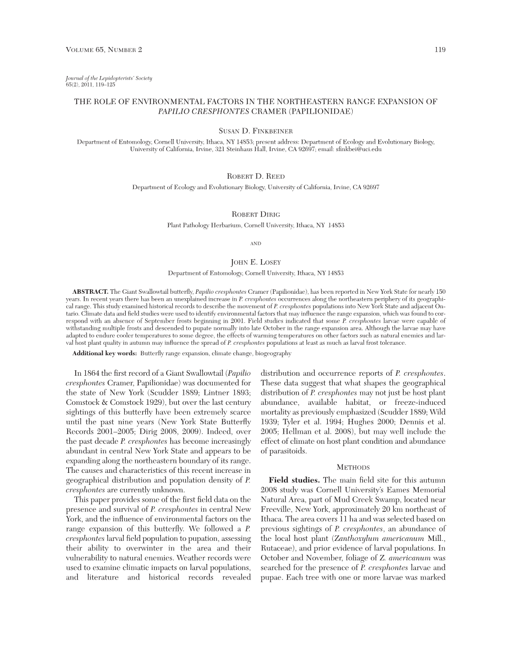 The Role of Environmental Factors in the Northeastern Range Expansion of Papilio Cresphontes Cramer (Papilionidae)