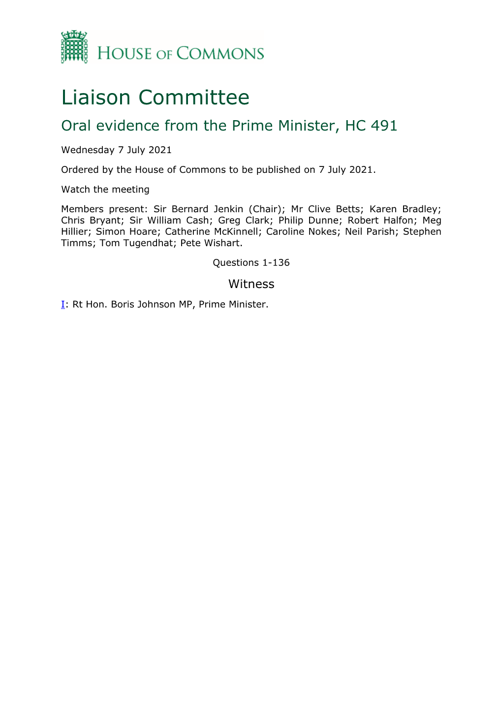 Liaison Committee Oral Evidence from the Prime Minister, HC 491