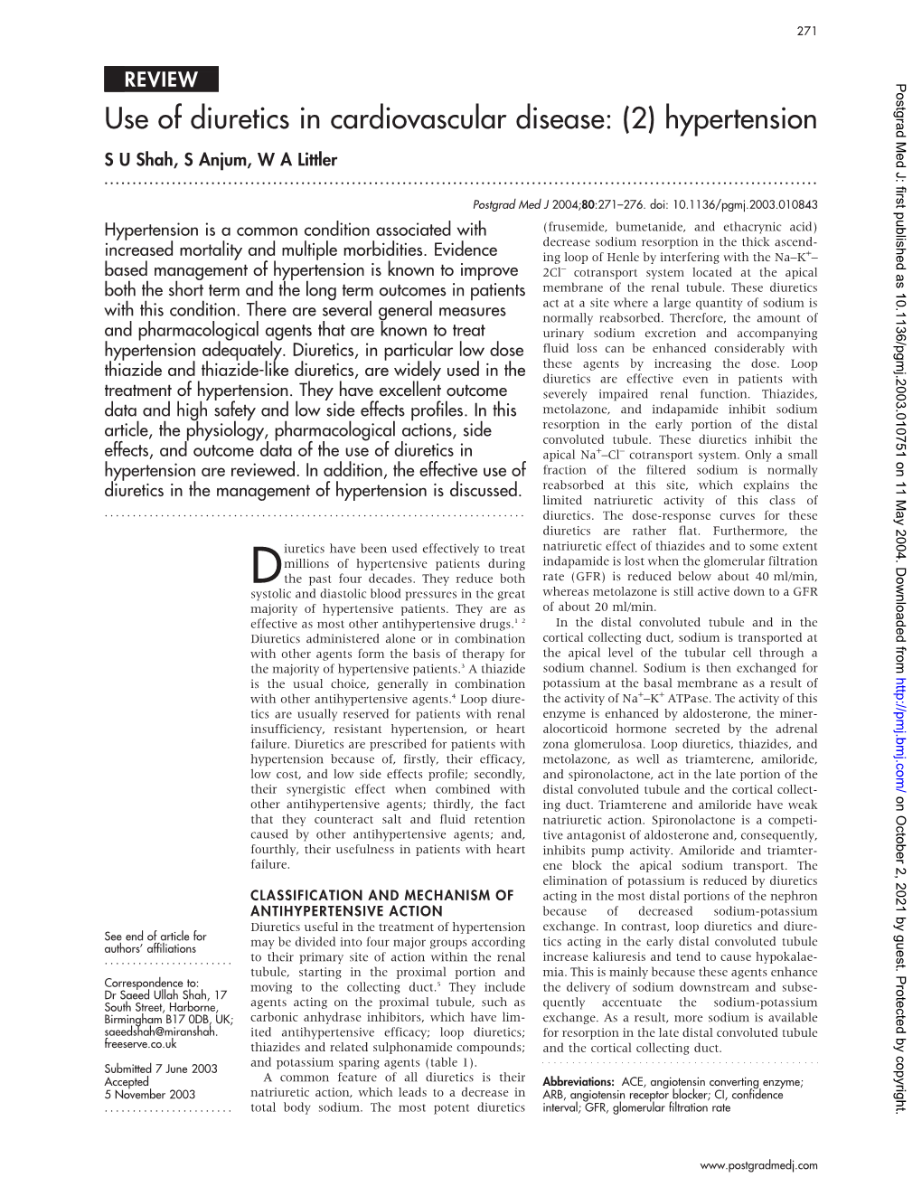 Use of Diuretics in Cardiovascular Disease: (2) Hypertension S U Shah, S Anjum, W a Littler