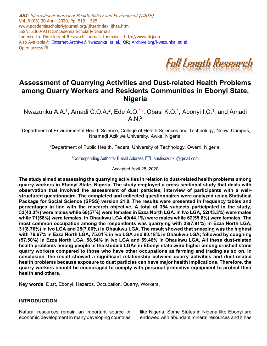 Assessment of Quarrying Activities and Dust-Related Health Problems Among Quarry Workers and Residents Communities in Ebonyi State, Nigeria