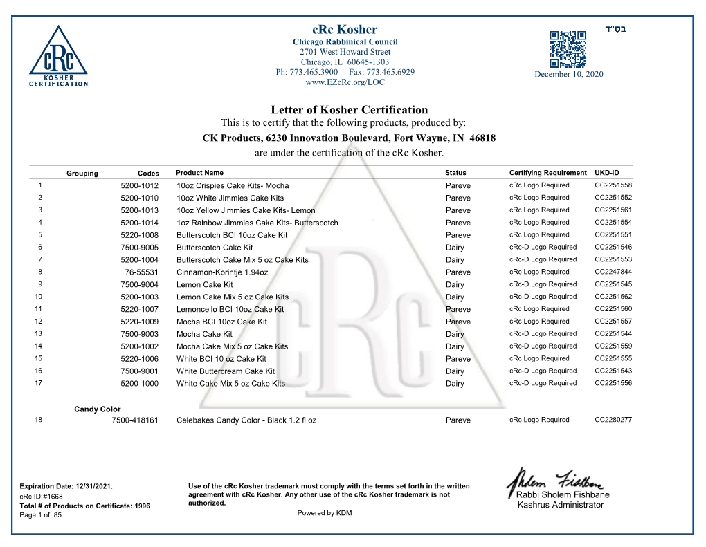 Crc Kosher Chicago Rabbinical Council 2701 West Howard Street Chicago, IL 60645-1303 Ph: 773.465.3900 Fax: 773.465.6929 December 10, 2020