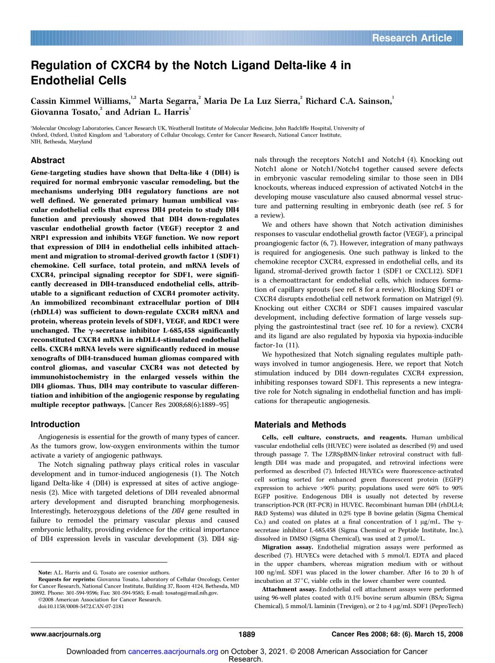 Regulation of CXCR4 by the Notch Ligand Delta-Like 4 in Endothelial Cells