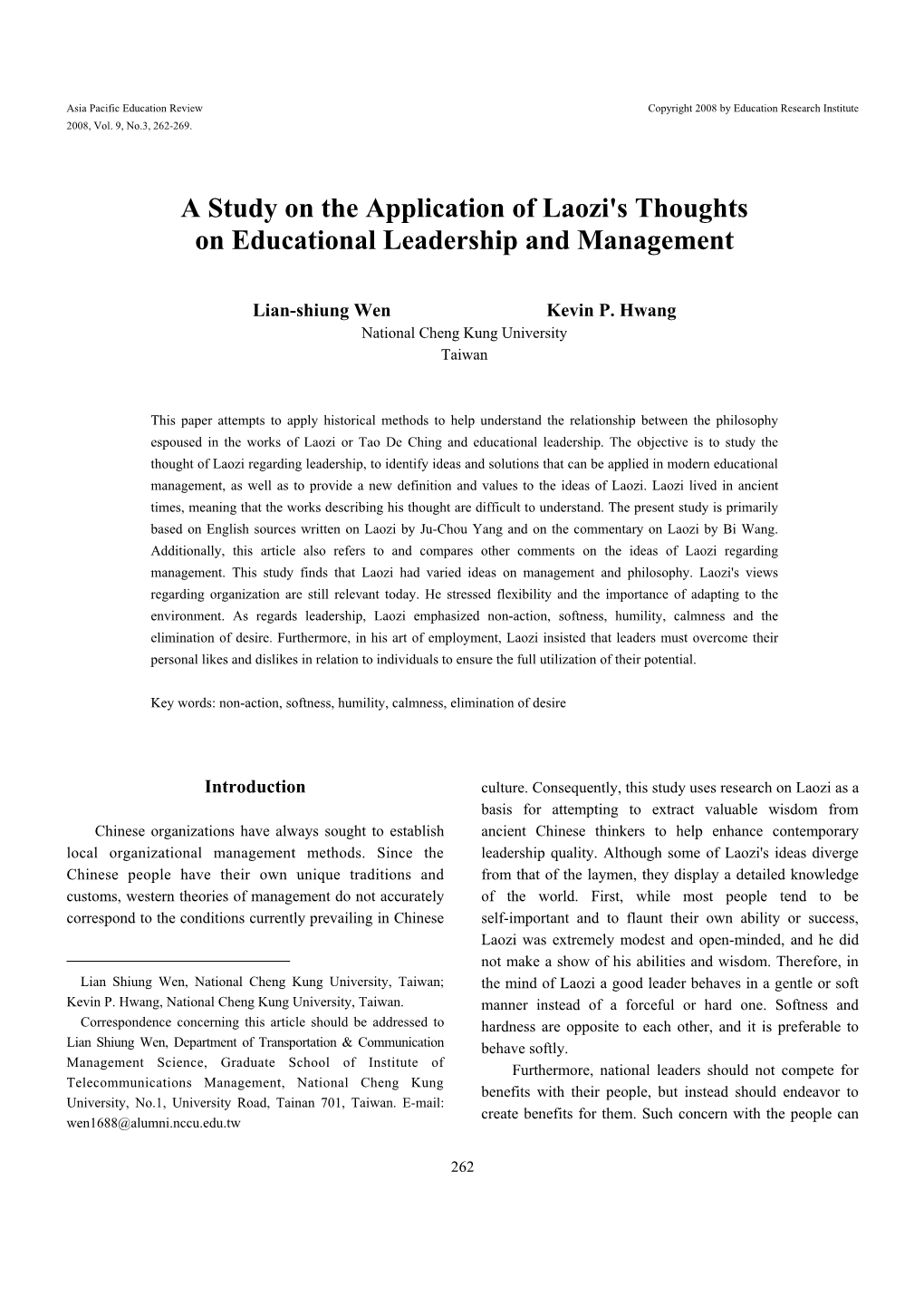 A Study on the Application of Laozi's Thoughts on Educational Leadership and Management